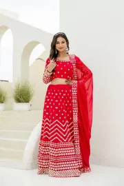 Red Georgette Foil Embroidered Lehenga Set with Dupatta, Semi Stitched Lehenga and Unstitched Blouse - ROSE RED