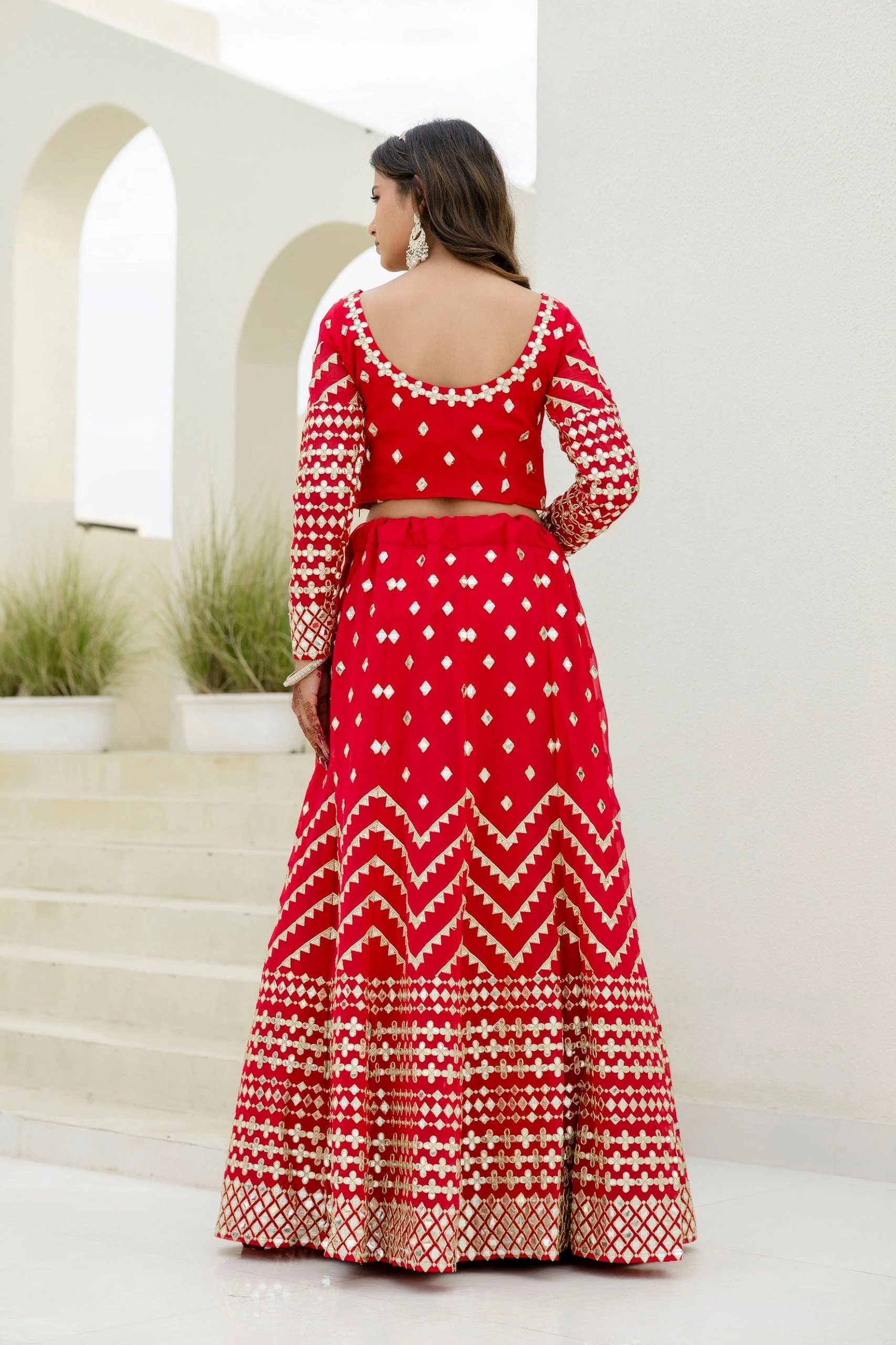 Red Georgette Foil Embroidered Lehenga Set with Dupatta, Semi Stitched Lehenga and Unstitched Blouse