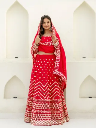 Red Georgette Foil Embroidered Lehenga Set with Dupatta, Semi Stitched Lehenga and Unstitched Blouse