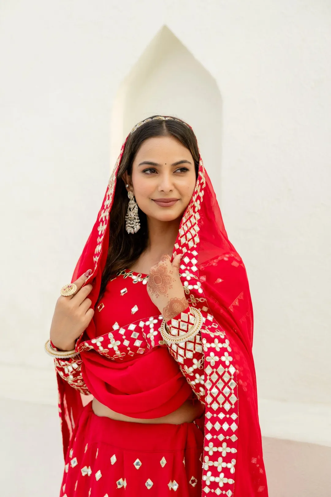 Red Georgette Foil Embroidered Lehenga Set with Dupatta, Semi Stitched Lehenga and Unstitched Blouse