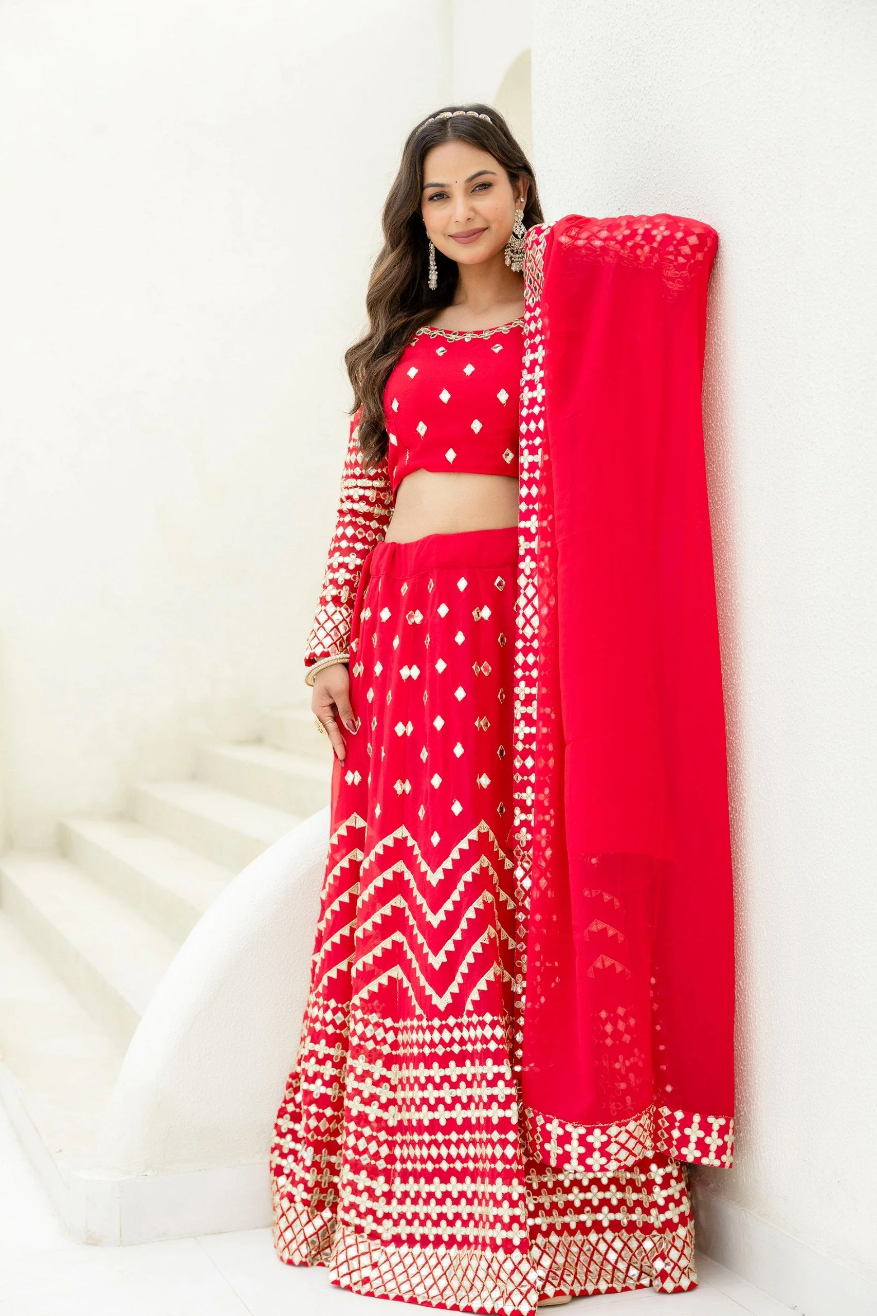Red Georgette Foil Embroidered Lehenga Set with Dupatta, Semi Stitched Lehenga and Unstitched Blouse