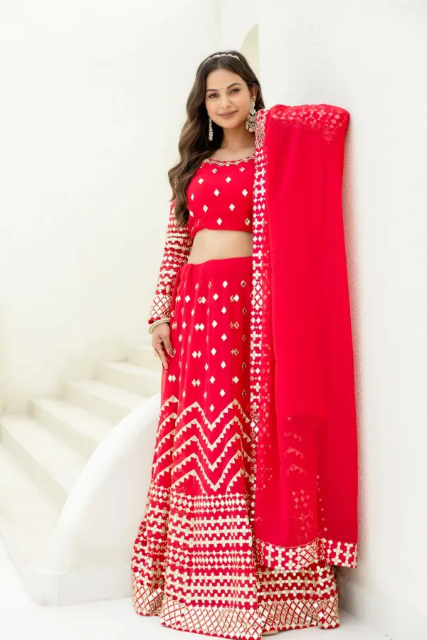 Red Georgette Foil Embroidered Lehenga Set with Dupatta, Semi Stitched Lehenga and Unstitched Blouse