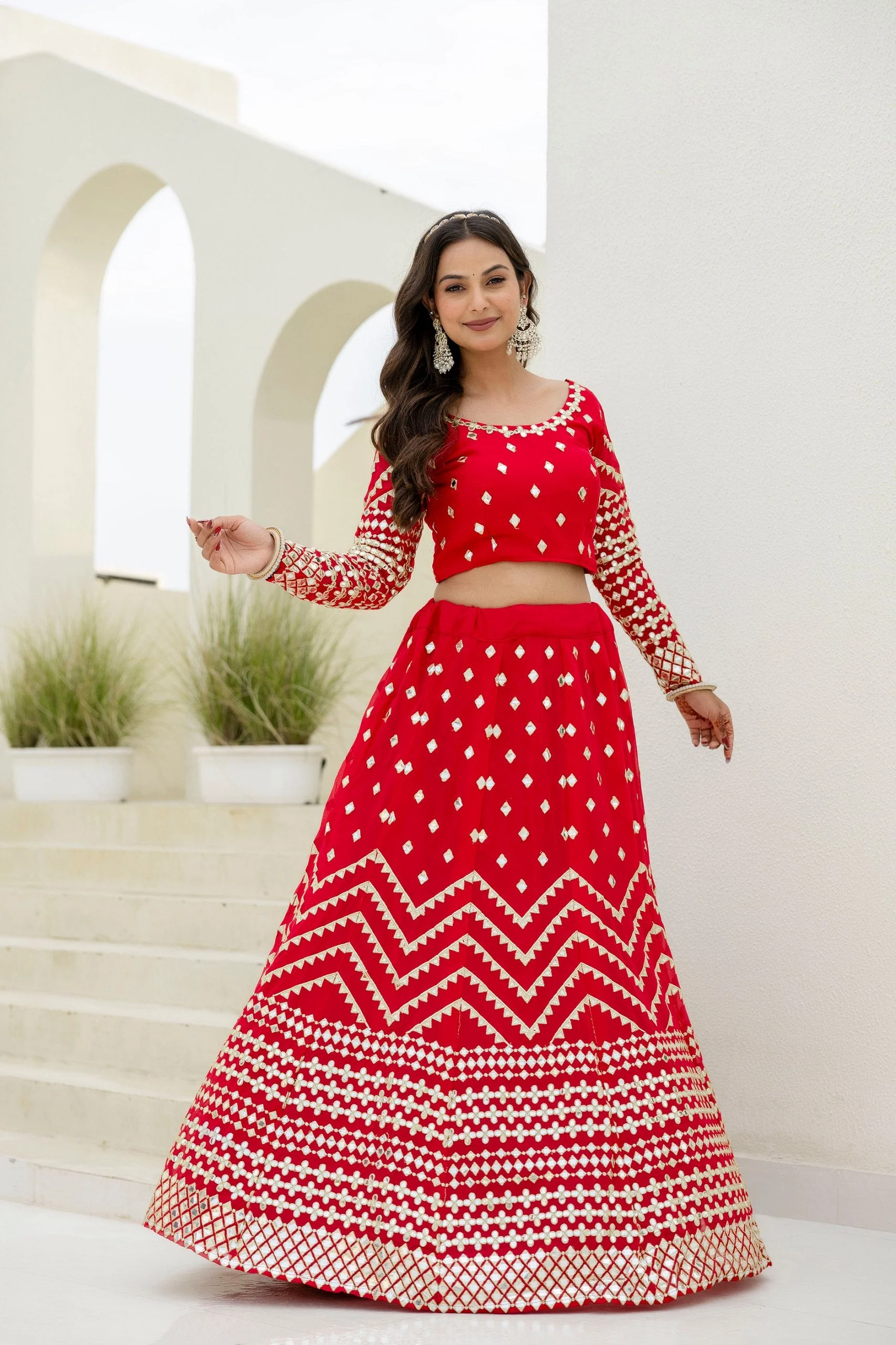 Red Georgette Foil Embroidered Lehenga Set with Dupatta, Semi Stitched Lehenga and Unstitched Blouse