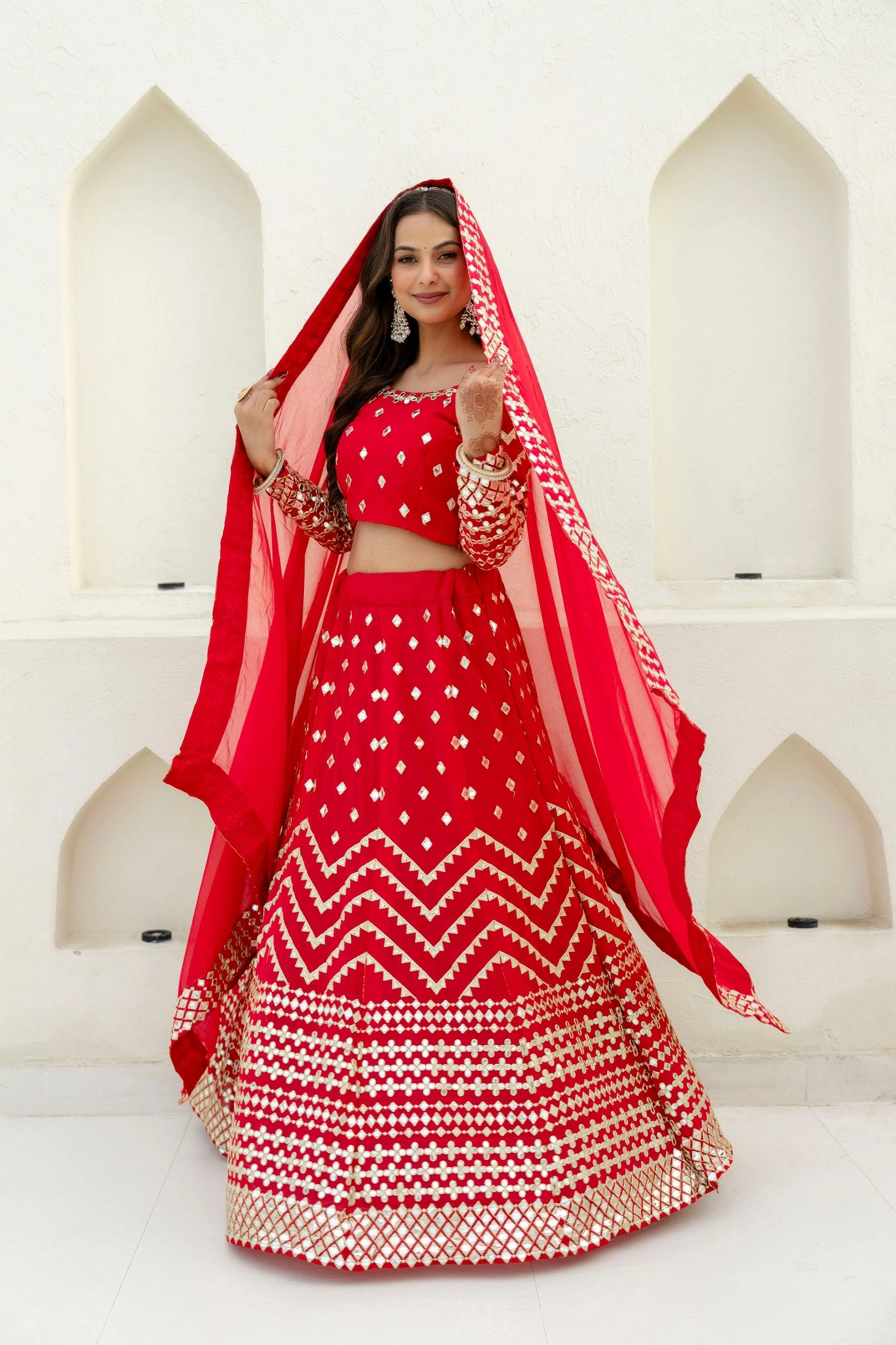 Red Georgette Foil Embroidered Lehenga Set with Dupatta, Semi Stitched Lehenga and Unstitched Blouse