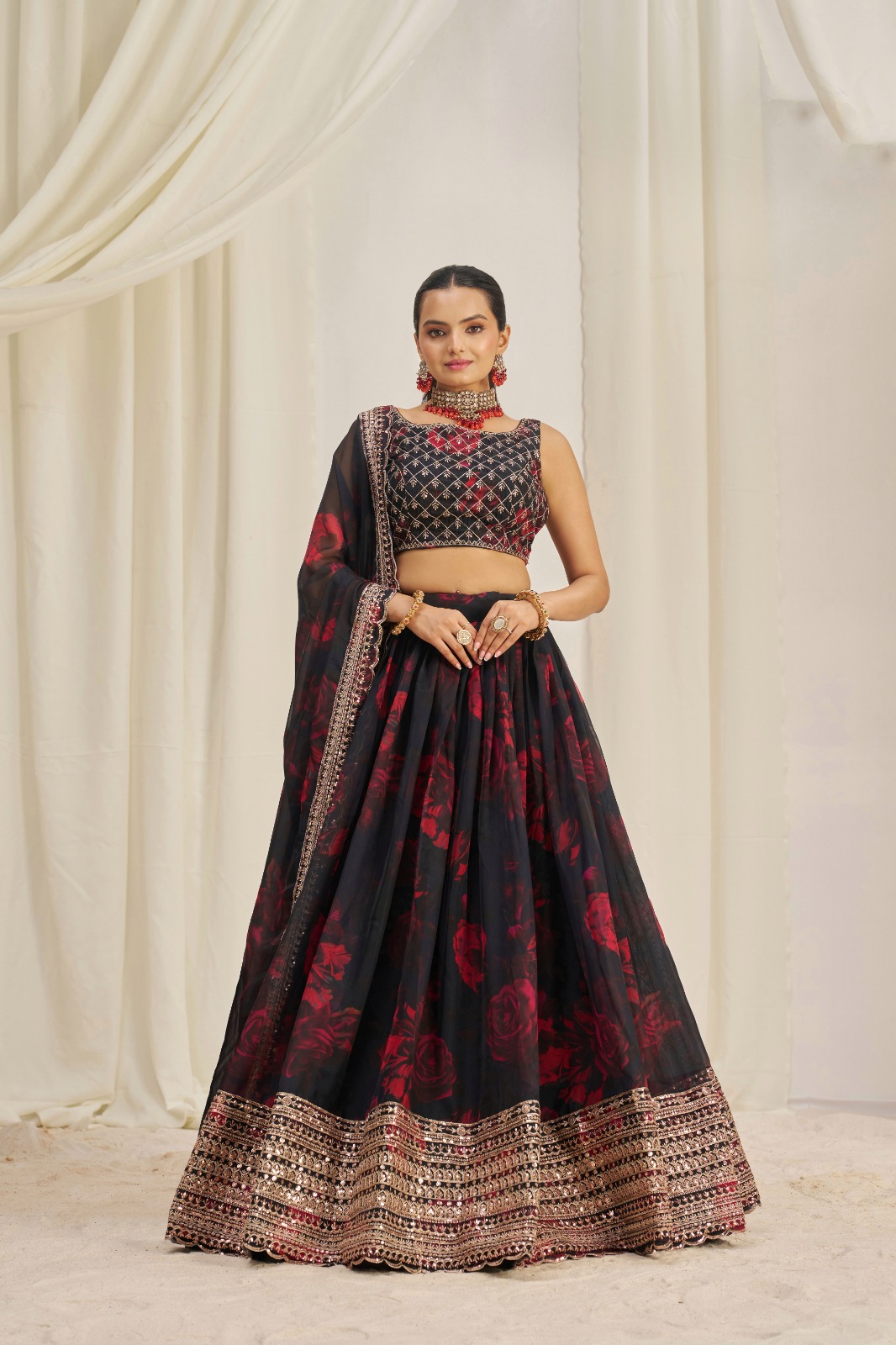 Floral Digital Printed Organza Lehenga with Zari, Dori and Sequin Embroidery, Semi Stitched Lehenga with Organza Dupatta