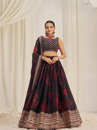 Floral Digital Printed Organza Lehenga with Zari, Dori and Sequin Embroidery, Semi Stitched Lehenga with Organza Dupatta