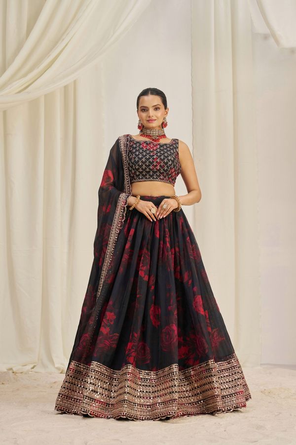 Floral Digital Printed Organza Lehenga With Zari, Dori And Sequin Embroidery, Semi Stitched Lehenga With Organza Dupatta