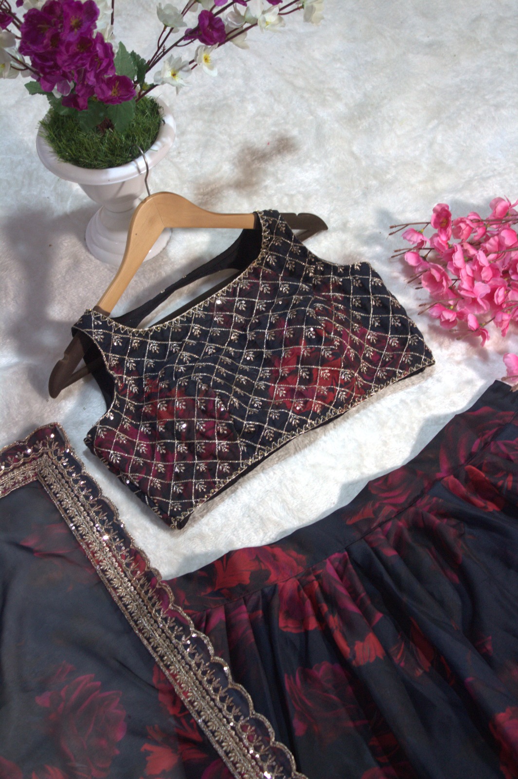 Floral Digital Printed Organza Lehenga with Zari, Dori and Sequin Embroidery, Semi Stitched Lehenga with Organza Dupatta