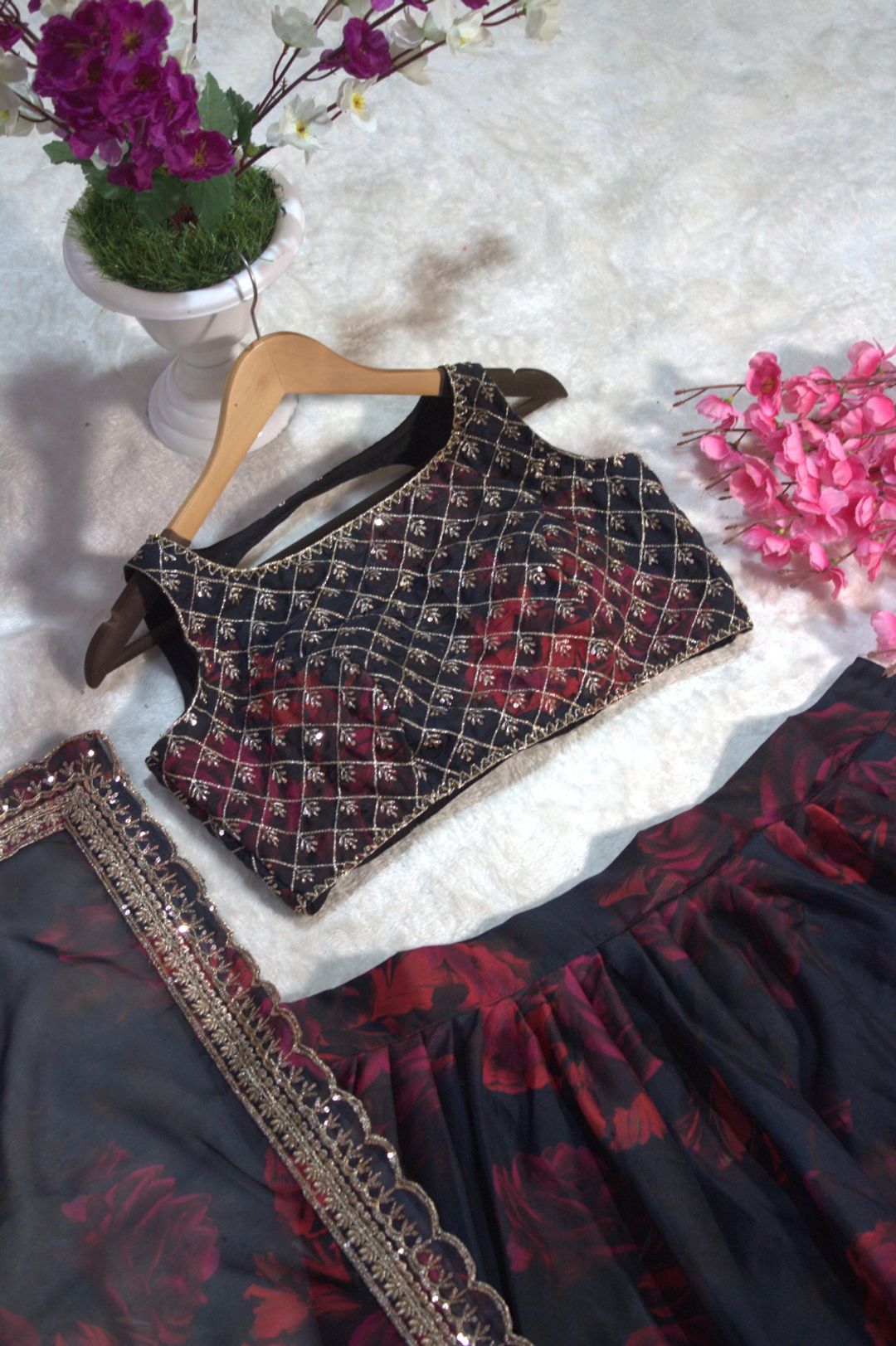 Floral Digital Printed Organza Lehenga with Zari, Dori and Sequin Embroidery, Semi Stitched Lehenga with Organza Dupatta