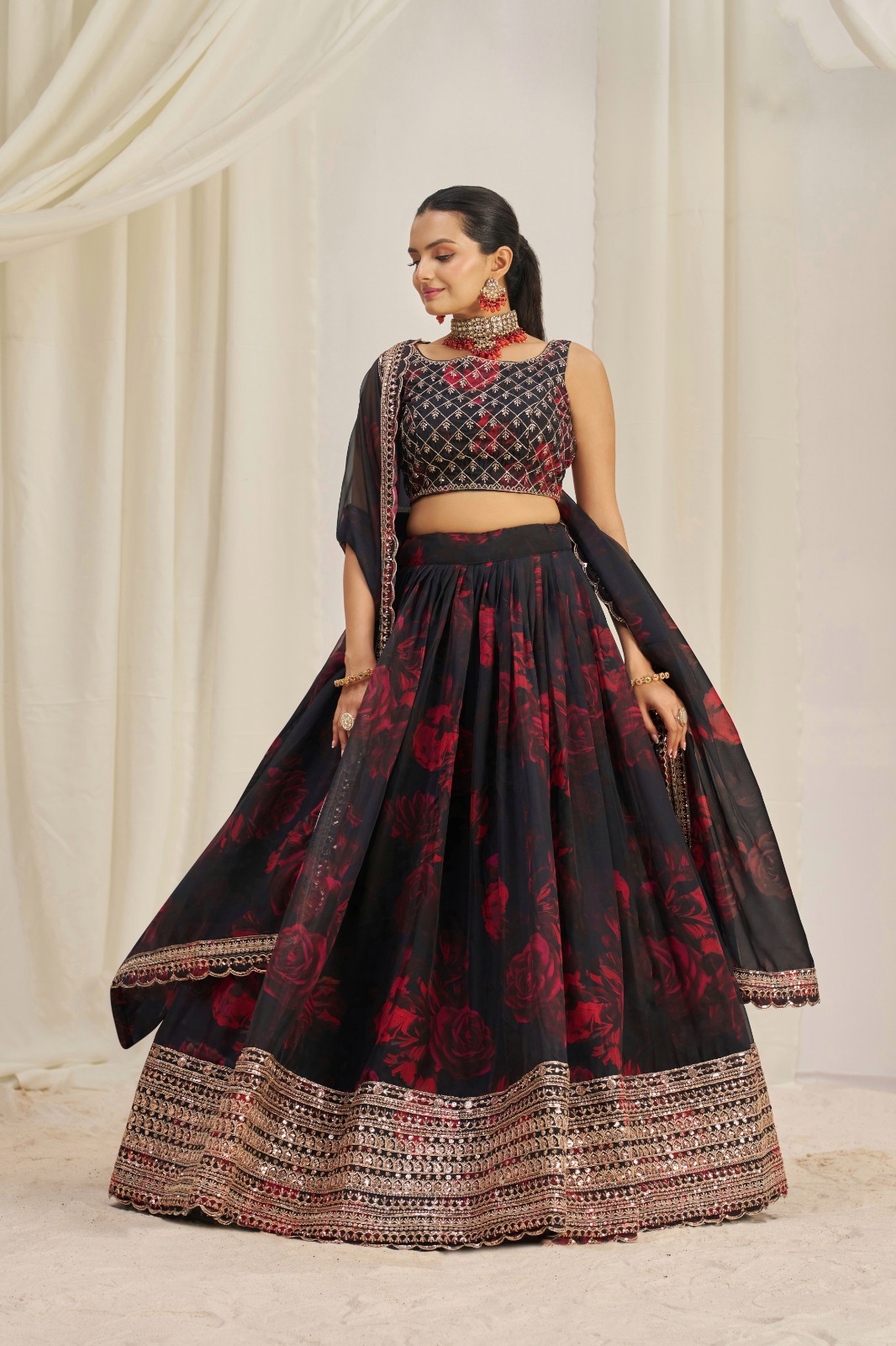 Floral Digital Printed Organza Lehenga with Zari, Dori and Sequin Embroidery, Semi Stitched Lehenga with Organza Dupatta
