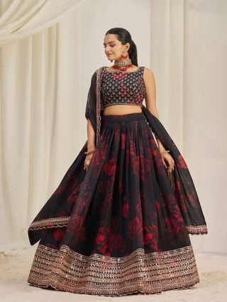 Floral Digital Printed Organza Lehenga with Zari, Dori and Sequin Embroidery, Semi Stitched Lehenga with Organza Dupatta