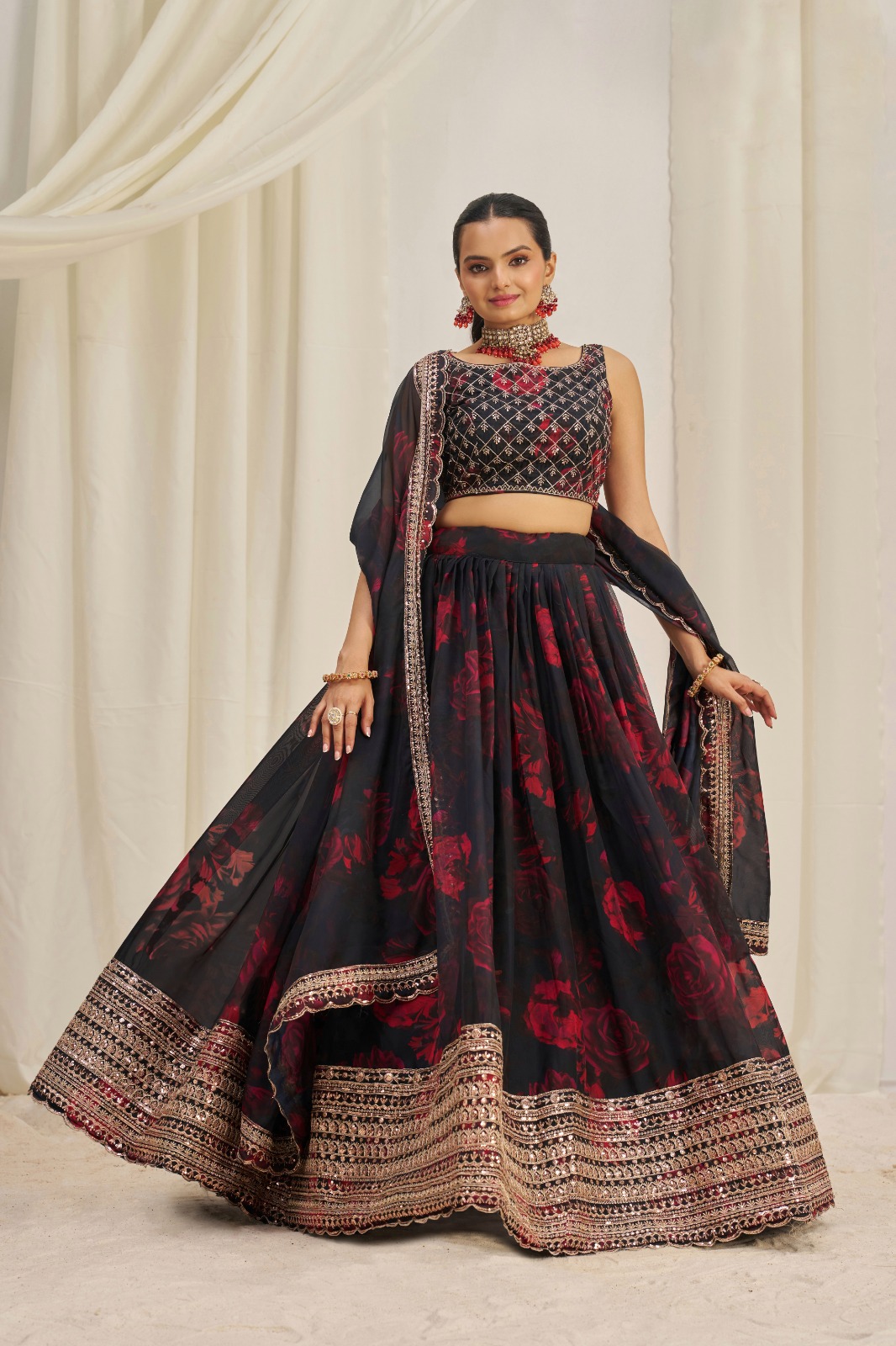 Floral Digital Printed Organza Lehenga with Zari, Dori and Sequin Embroidery, Semi Stitched Lehenga with Organza Dupatta