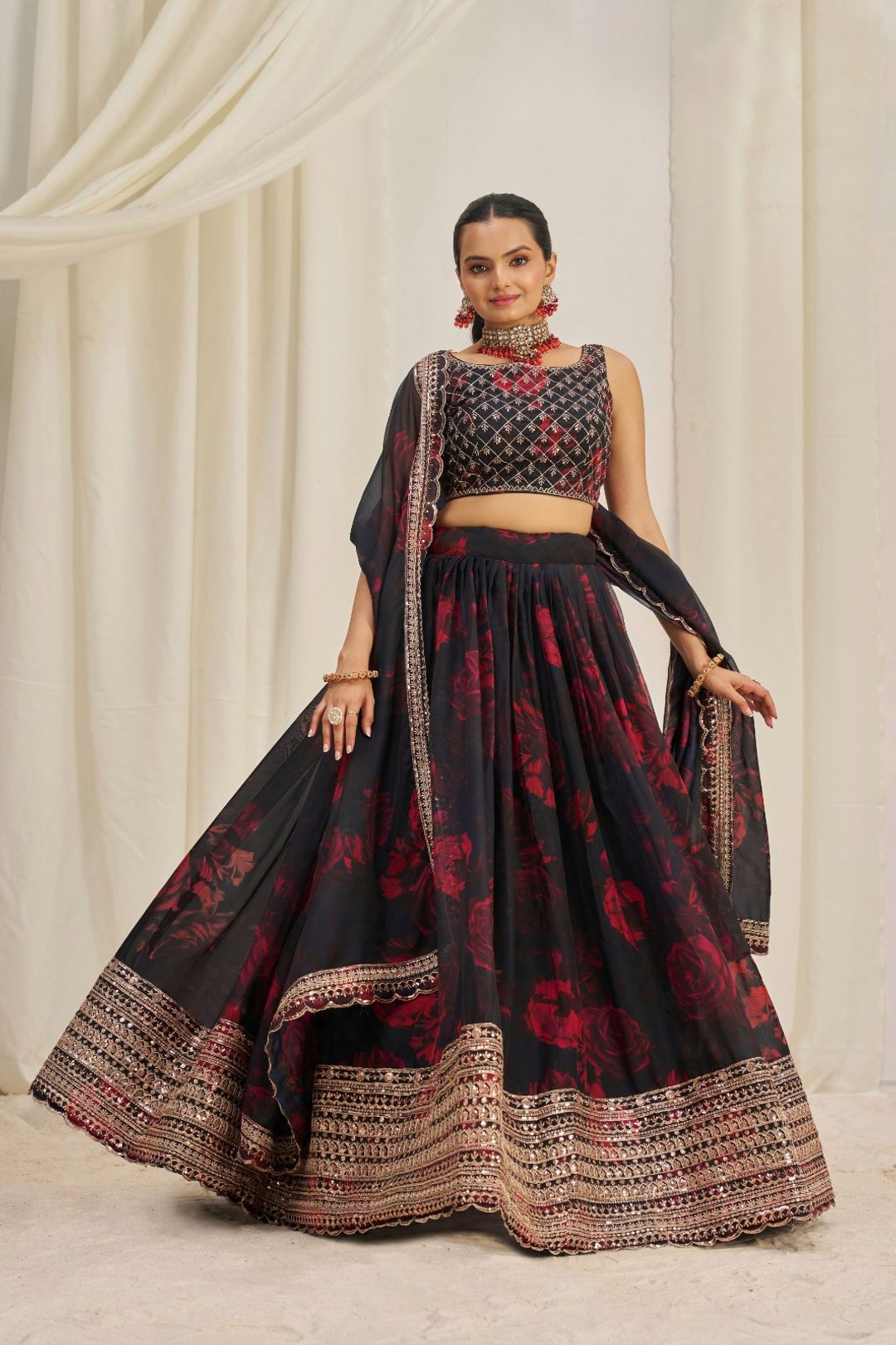 Floral Digital Printed Organza Lehenga with Zari, Dori and Sequin Embroidery, Semi Stitched Lehenga with Organza Dupatta