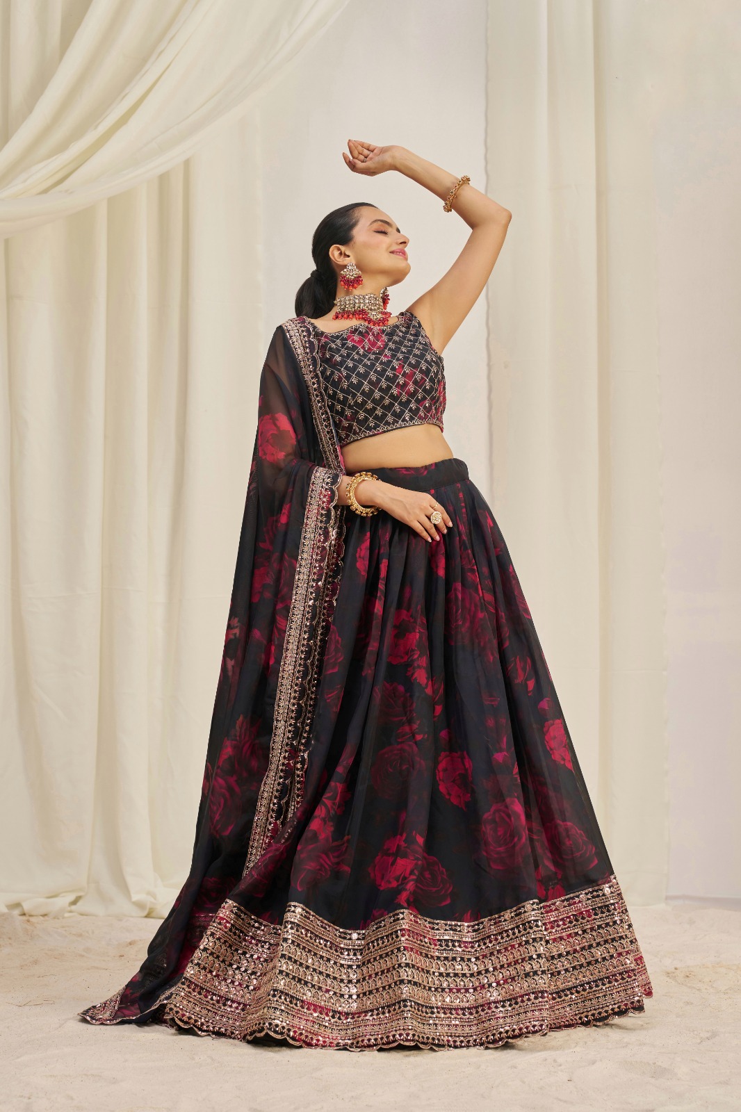 Floral Digital Printed Organza Lehenga with Zari, Dori and Sequin Embroidery, Semi Stitched Lehenga with Organza Dupatta