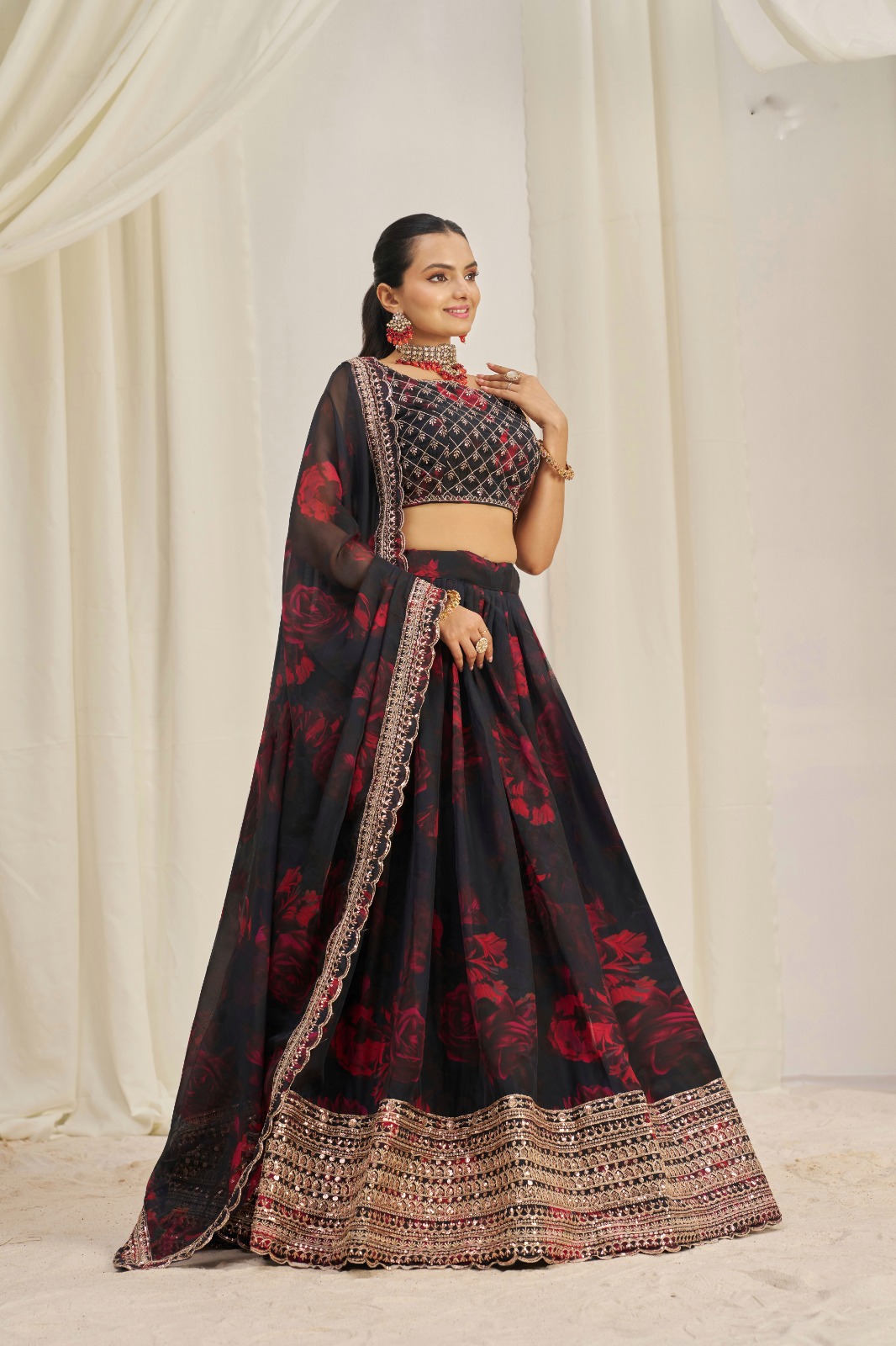 Floral Digital Printed Organza Lehenga with Zari, Dori and Sequin Embroidery, Semi Stitched Lehenga with Organza Dupatta