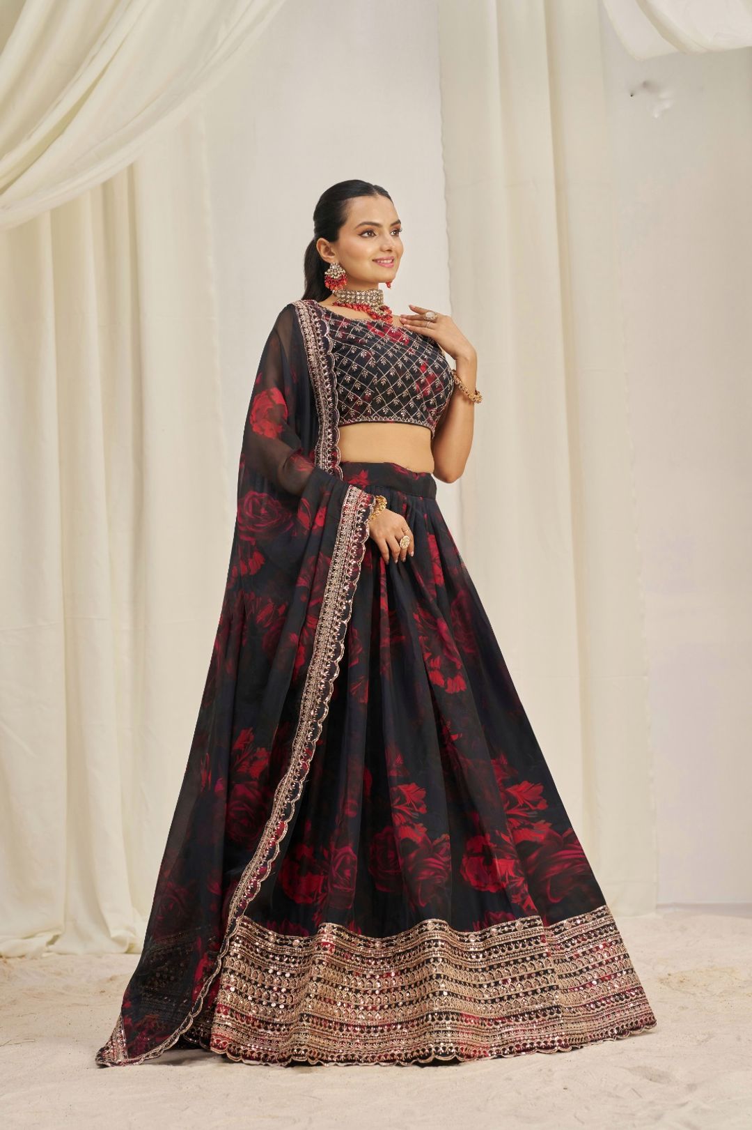 Floral Digital Printed Organza Lehenga with Zari, Dori and Sequin Embroidery, Semi Stitched Lehenga with Organza Dupatta