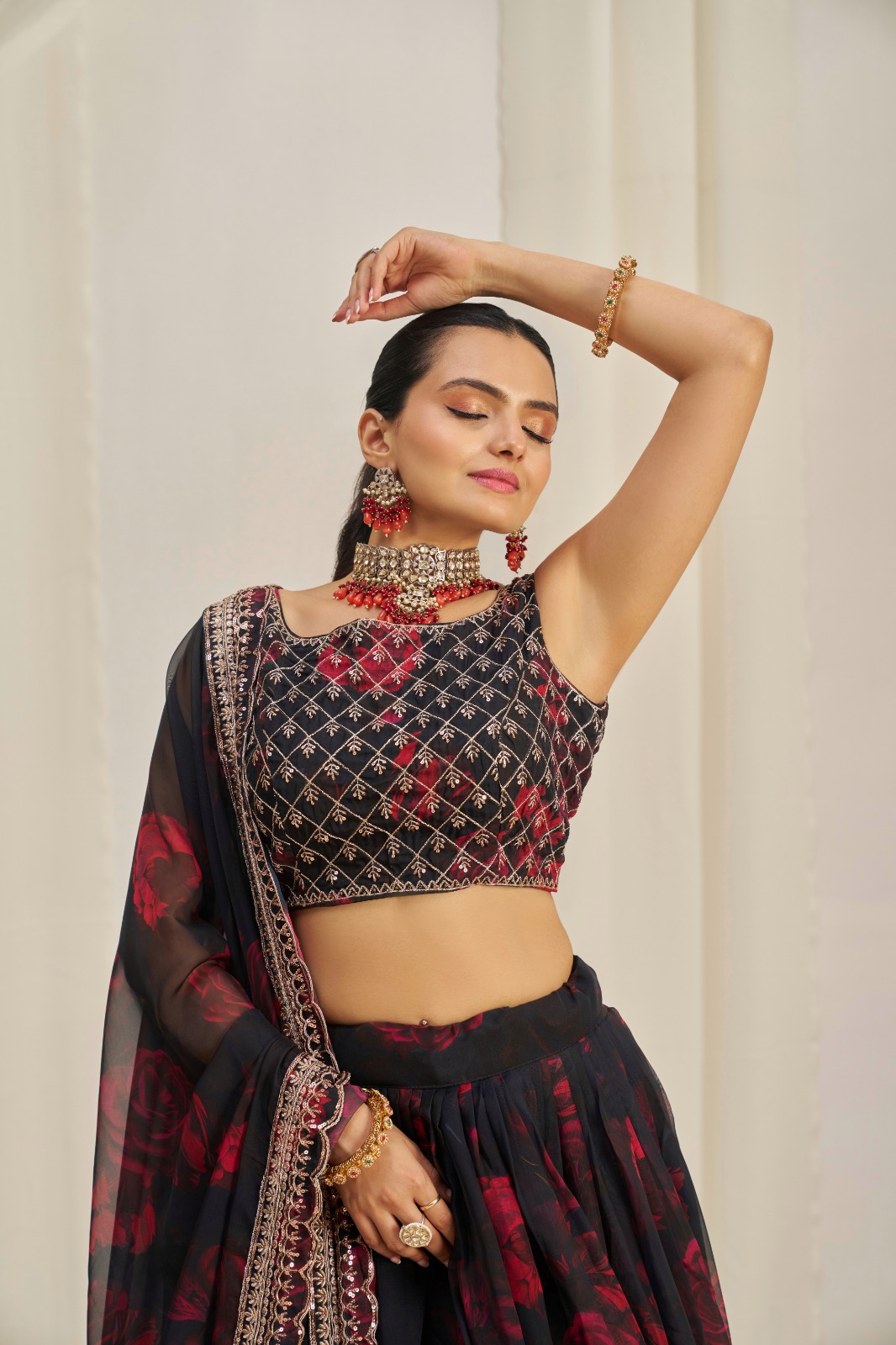 Floral Digital Printed Organza Lehenga with Zari, Dori and Sequin Embroidery, Semi Stitched Lehenga with Organza Dupatta