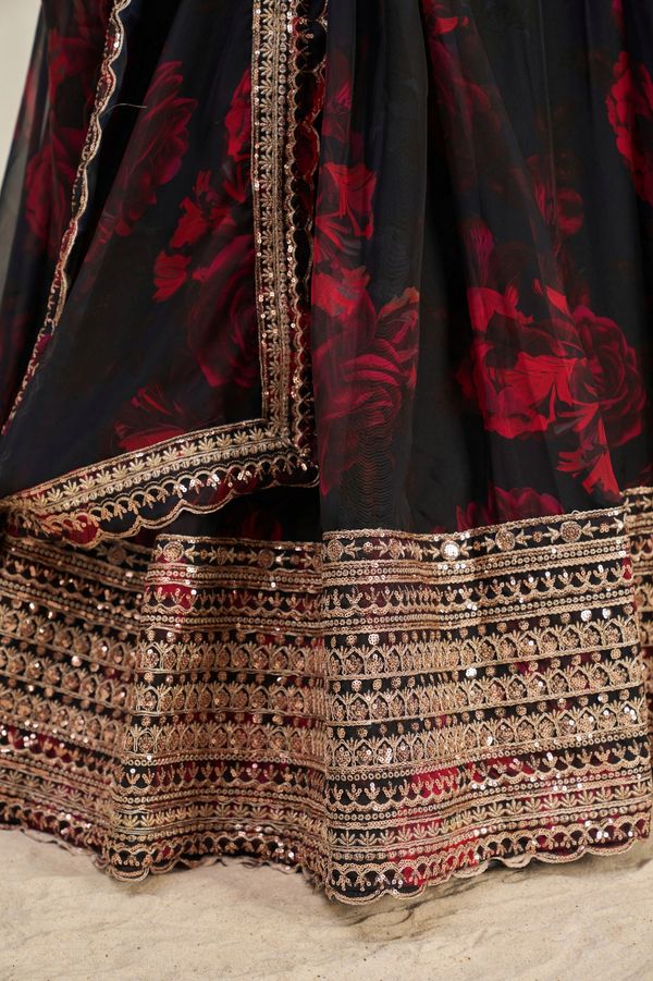 Floral Digital Printed Organza Lehenga with Zari, Dori and Sequin Embroidery, Semi Stitched Lehenga with Organza Dupatta