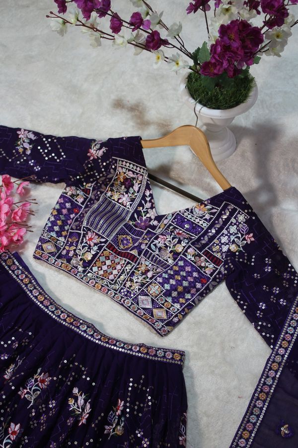 Blooming Georgette Sequins and Thread Embroidered Lehenga Set with Georgette Dupatta