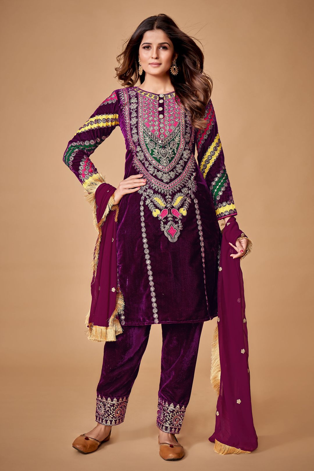 Wine Velvet Embroidered Top and Pant Set with Georgette Dupatta