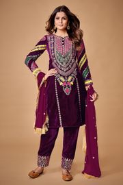 Wine Velvet Embroidered Top and Pant Set with Georgette Dupatta