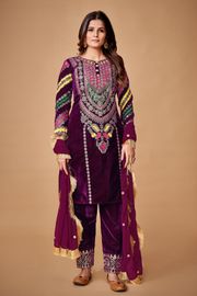 Wine Velvet Embroidered Top and Pant Set with Georgette Dupatta