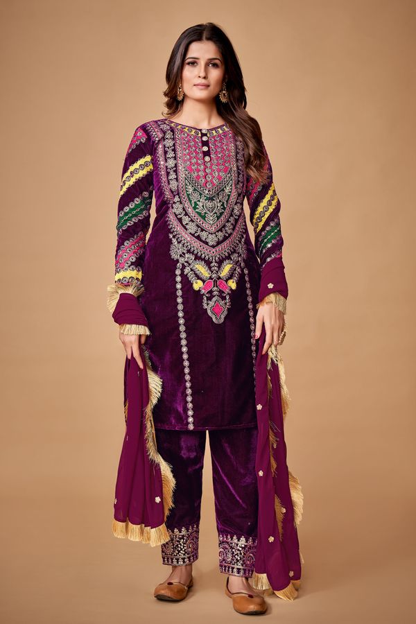 Wine Velvet Embroidered Top And Pant Set With Georgette Dupatta