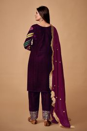Wine Velvet Embroidered Top and Pant Set with Georgette Dupatta