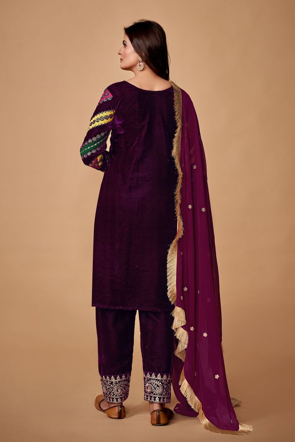 Wine Velvet Embroidered Top and Pant Set with Georgette Dupatta