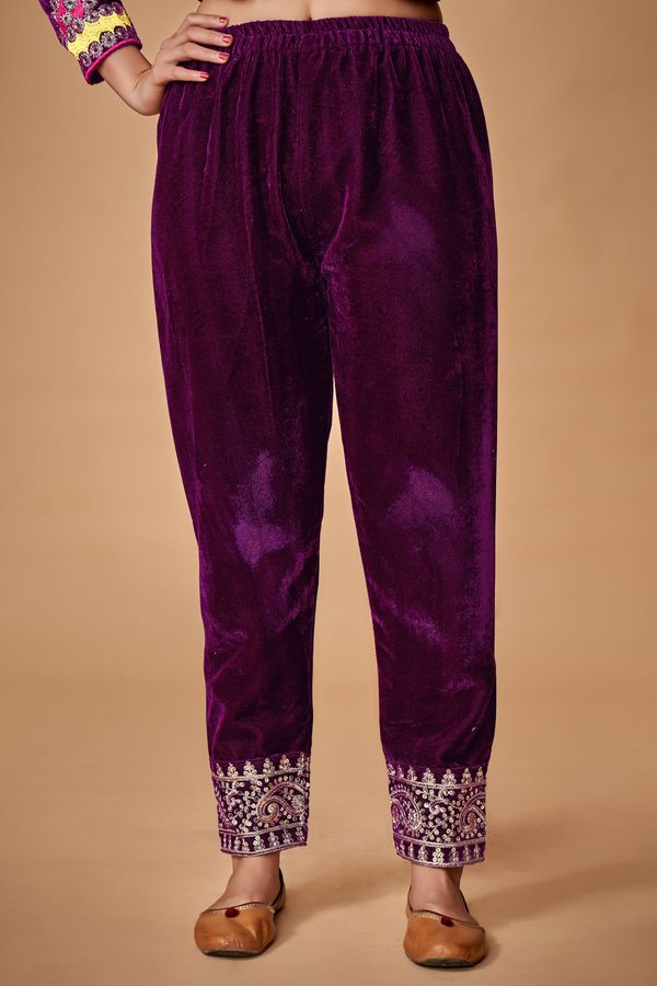 Wine Velvet Embroidered Top and Pant Set with Georgette Dupatta