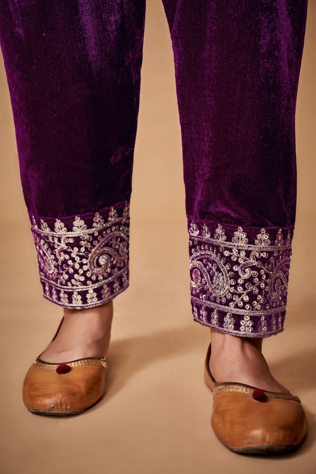 Wine Velvet Embroidered Top and Pant Set with Georgette Dupatta