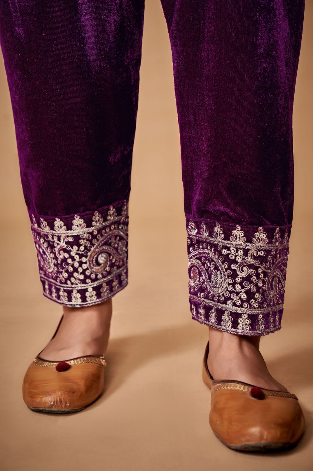 Wine Velvet Embroidered Top and Pant Set with Georgette Dupatta