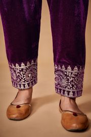 Wine Velvet Embroidered Top and Pant Set with Georgette Dupatta