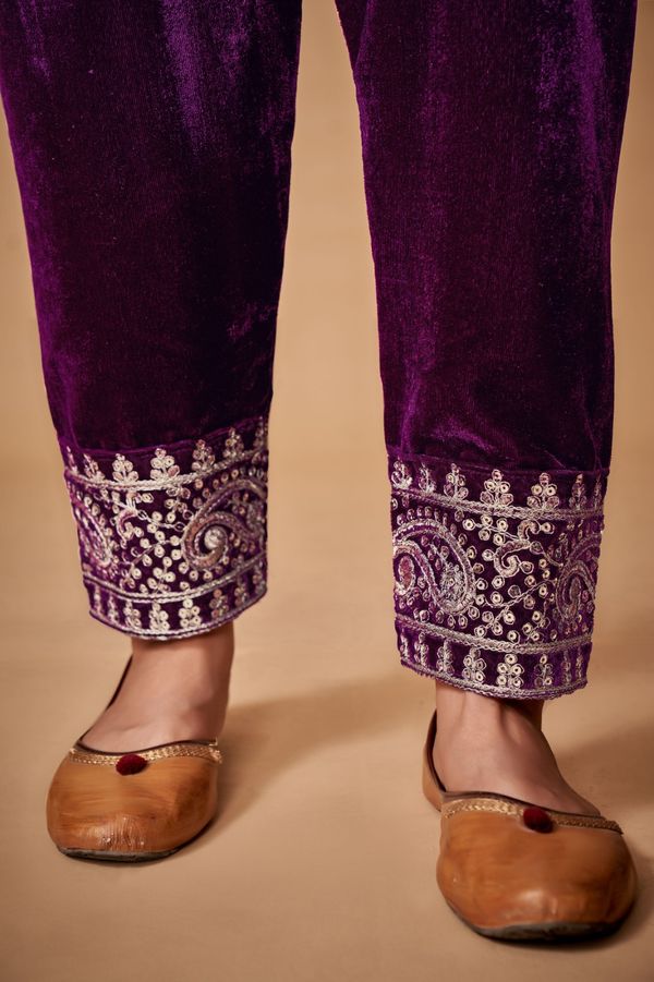 Wine Velvet Embroidered Top and Pant Set with Georgette Dupatta