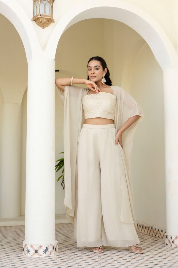 Off White Georgette Gotta Patti Three Piece Set with Palazzo and Shrug
