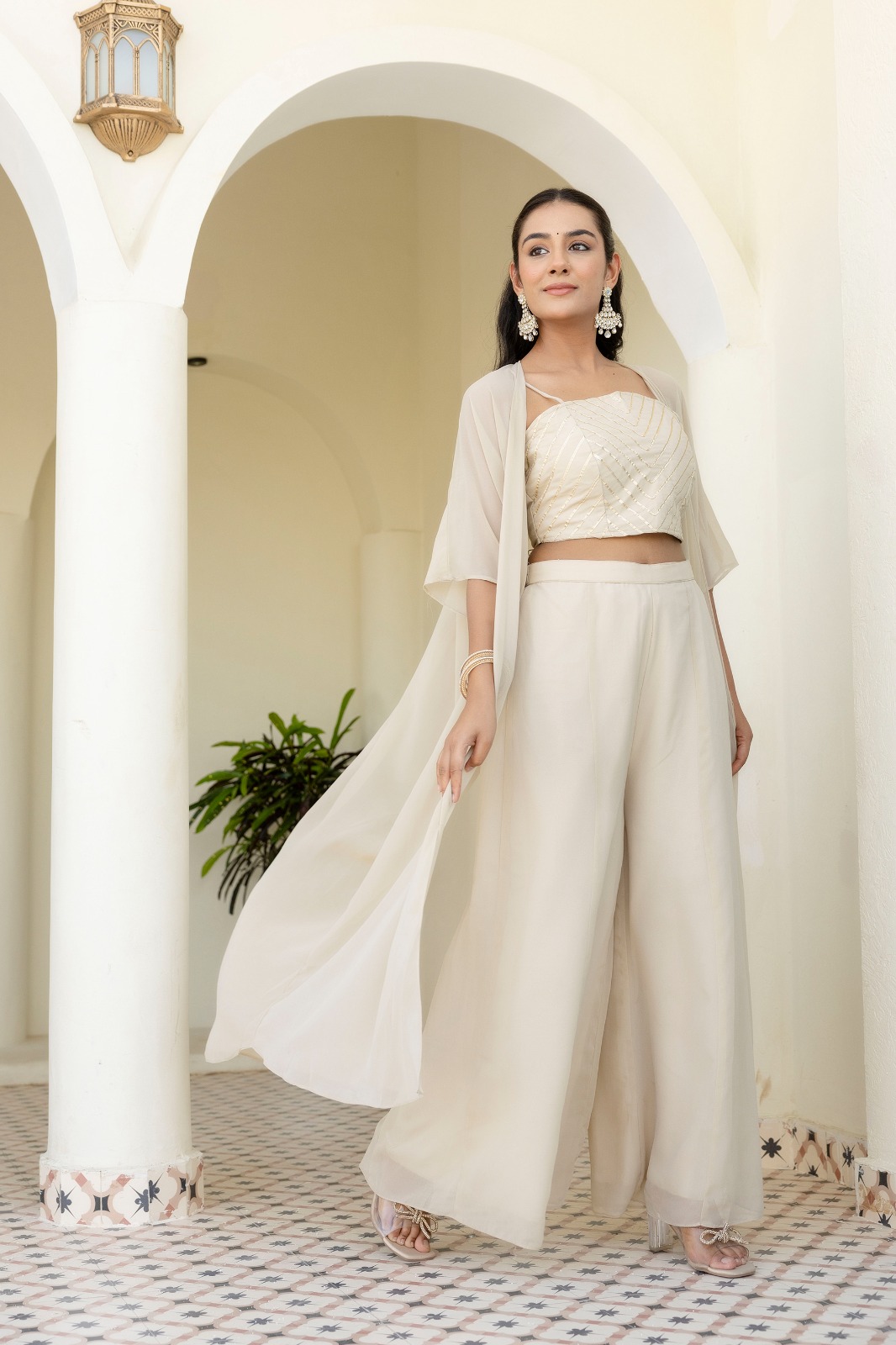 Off White Georgette Gotta Patti Three Piece Set with Palazzo and Shrug