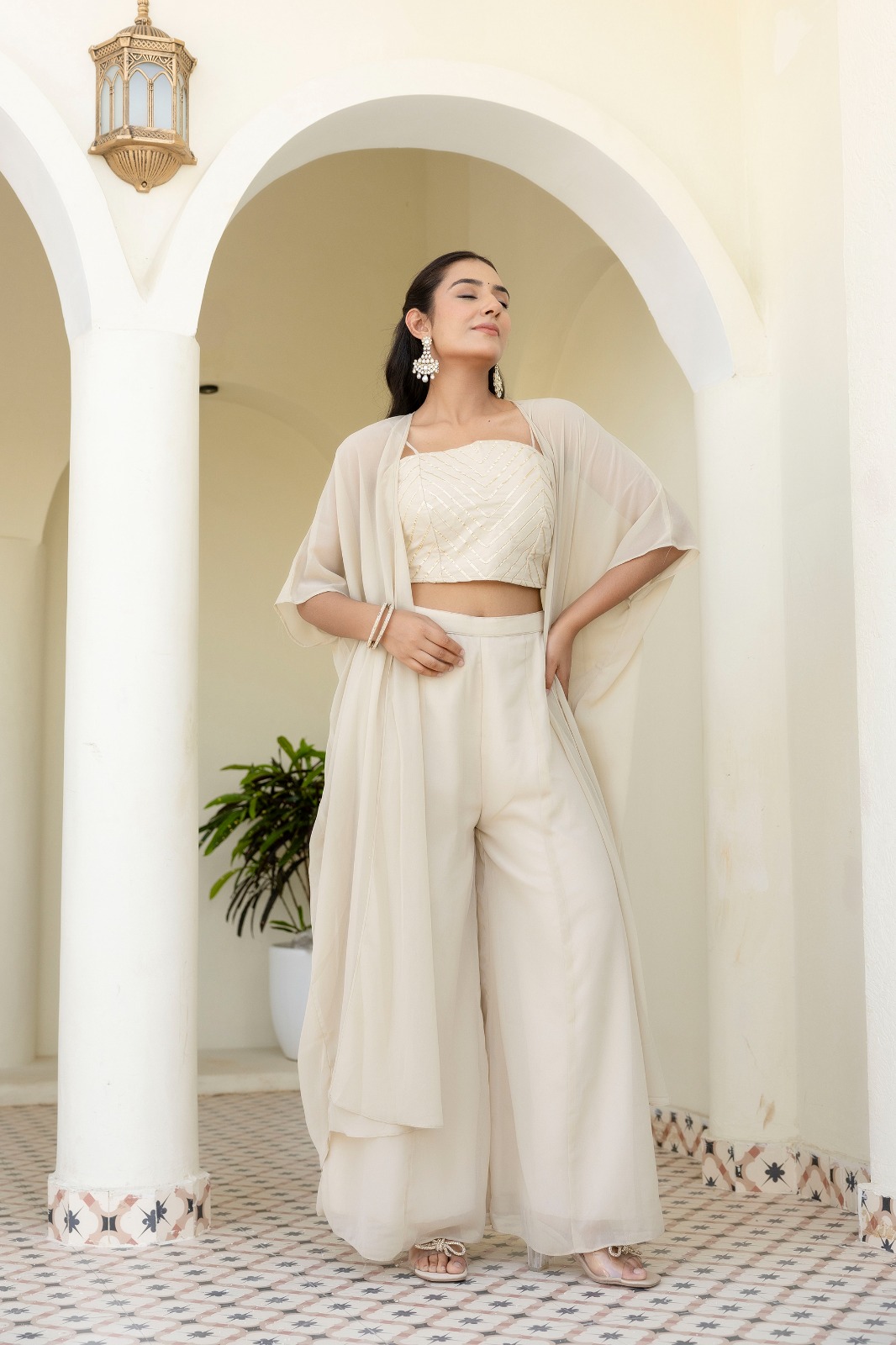 Off White Georgette Gotta Patti Three Piece Set with Palazzo and Shrug