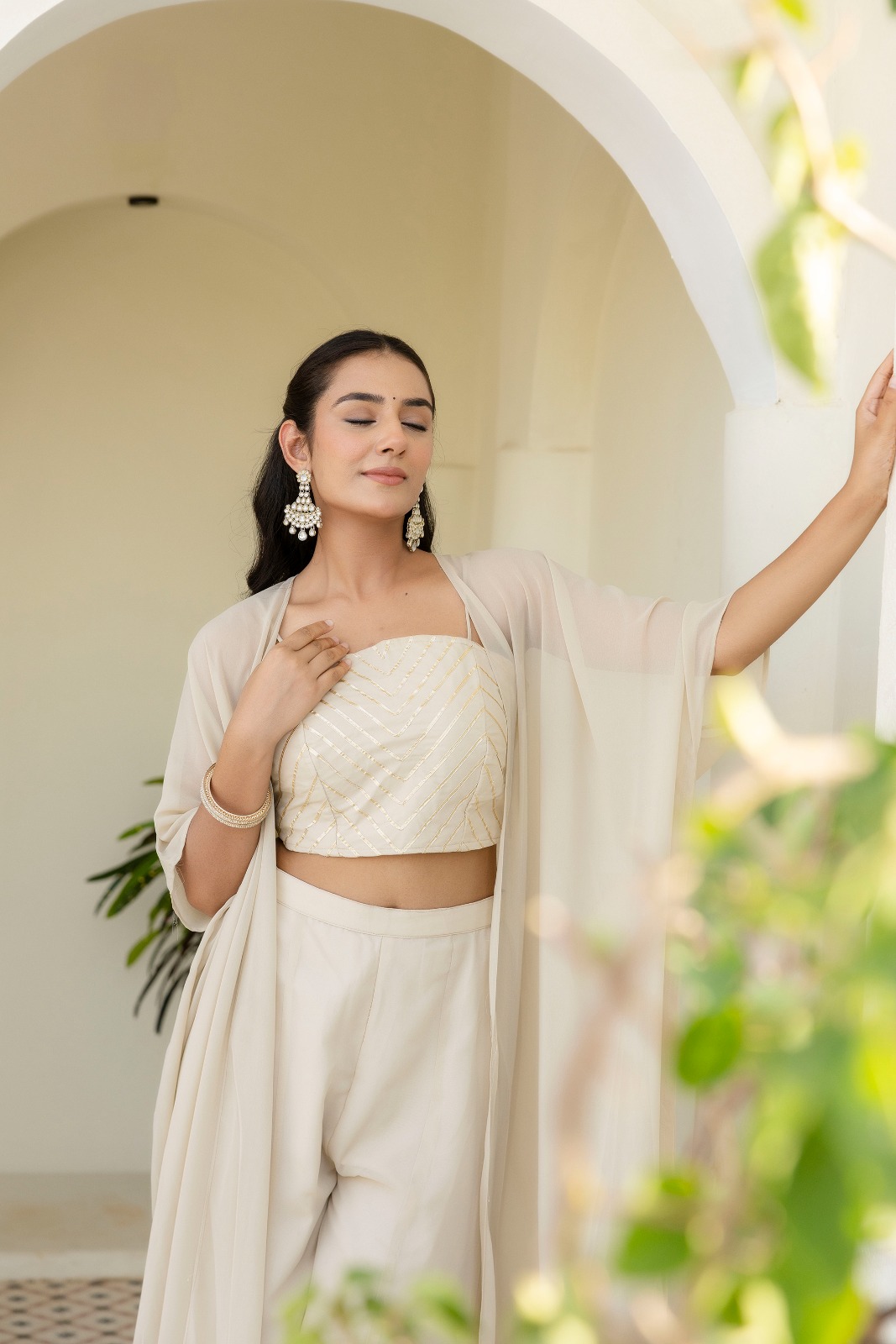 Off White Georgette Gotta Patti Three Piece Set with Palazzo and Shrug