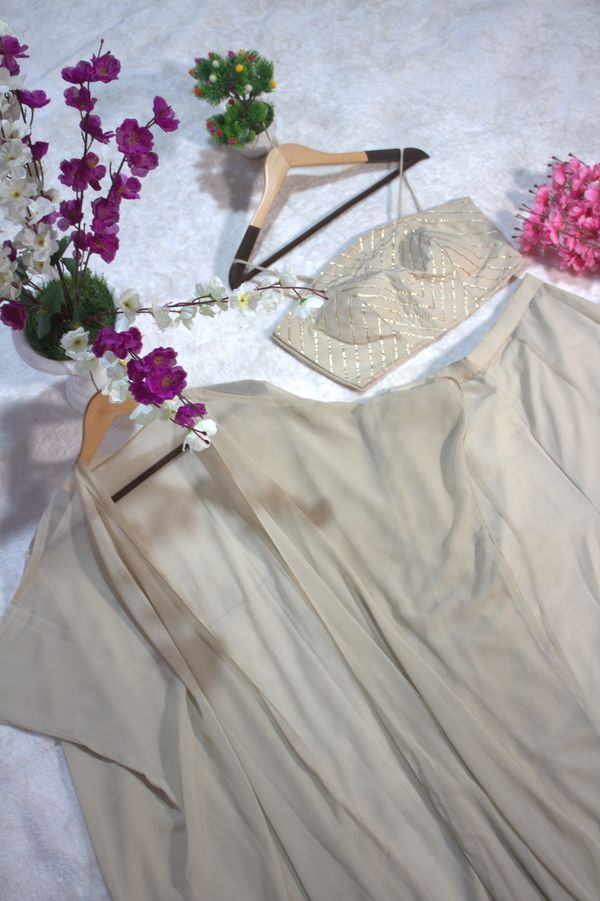 Off White Georgette Gotta Patti Three Piece Set with Palazzo and Shrug