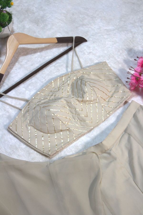 Off White Georgette Gotta Patti Three Piece Set with Palazzo and Shrug