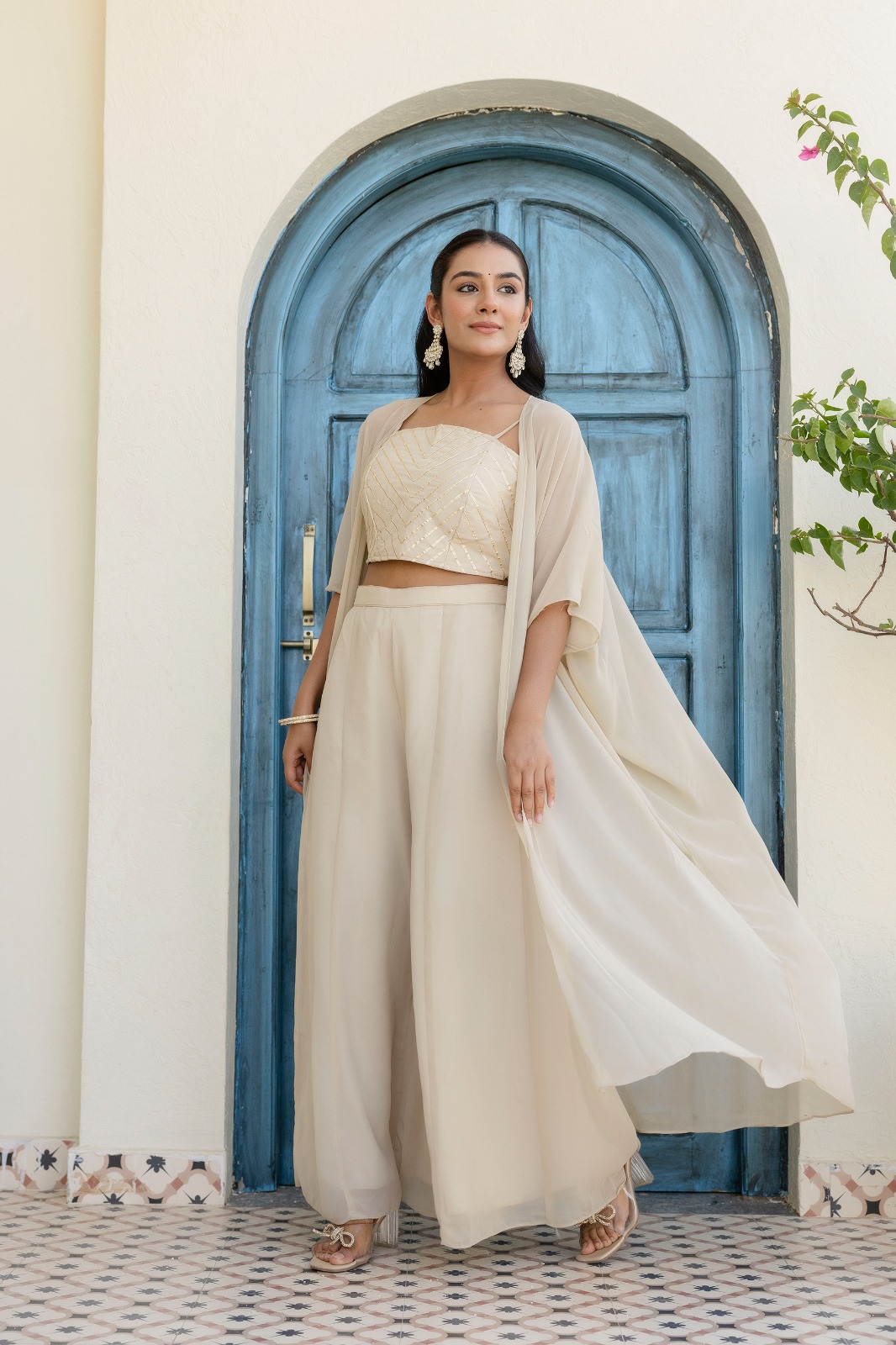 Off White Georgette Gotta Patti Three Piece Set with Palazzo and Shrug