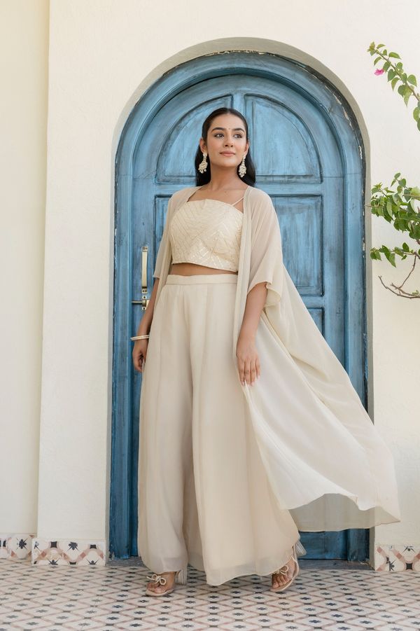 Off White Georgette Gotta Patti Three Piece Set with Palazzo and Shrug