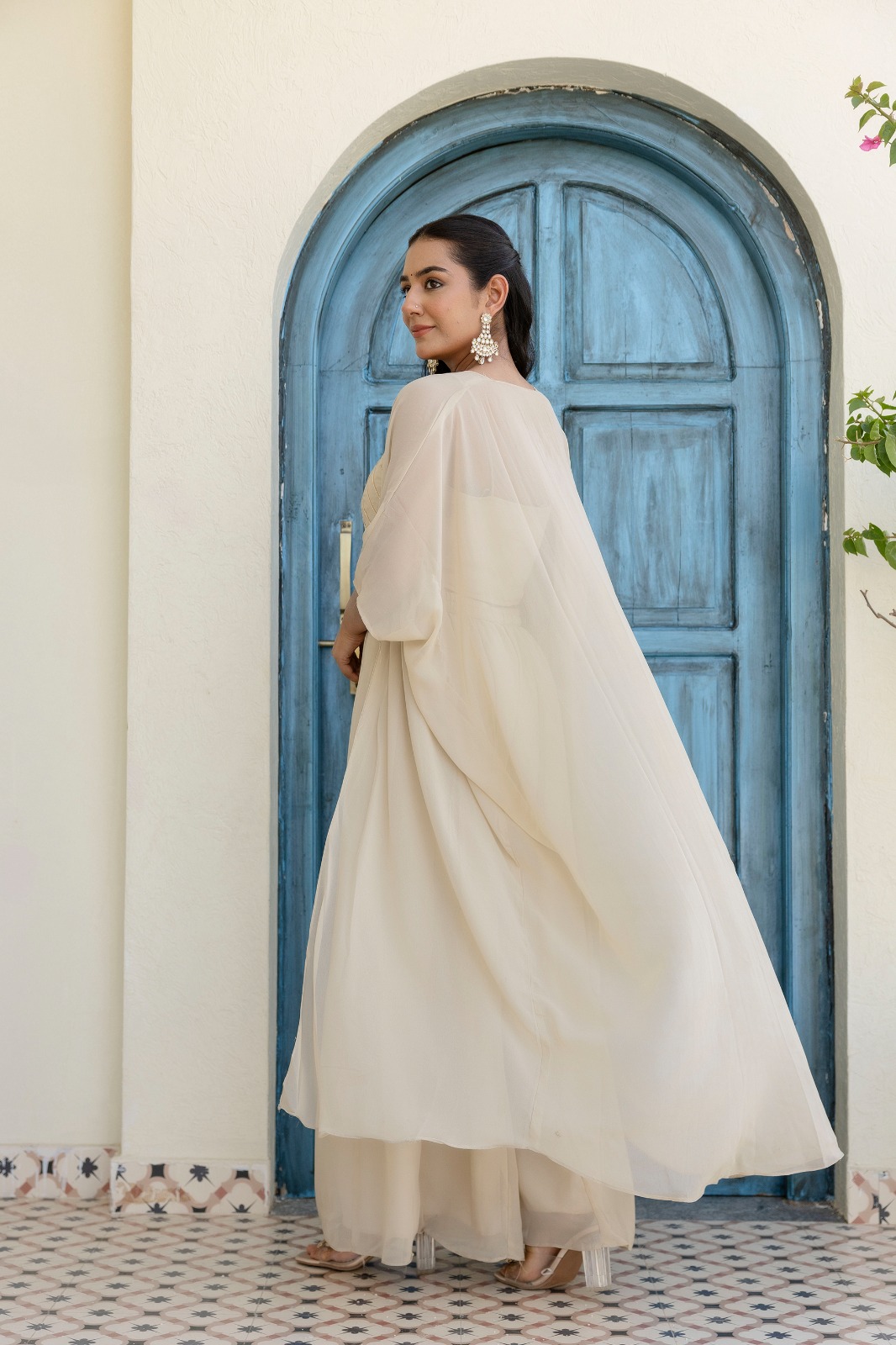 Off White Georgette Gotta Patti Three Piece Set with Palazzo and Shrug