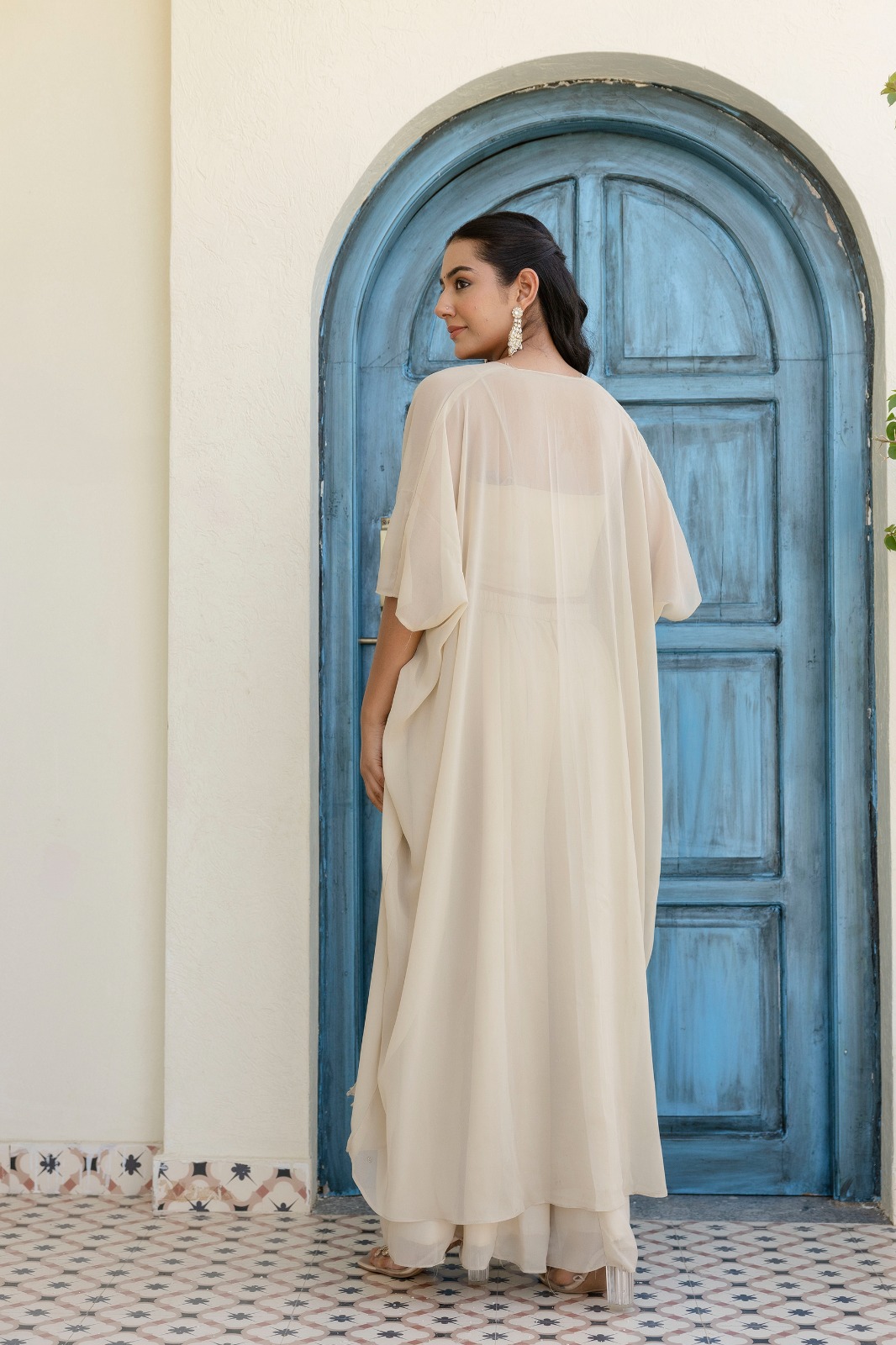 Off White Georgette Gotta Patti Three Piece Set with Palazzo and Shrug