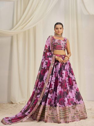 Floral Digital Printed Organza Lehenga with Zari, Dori and Sequin Embroidery