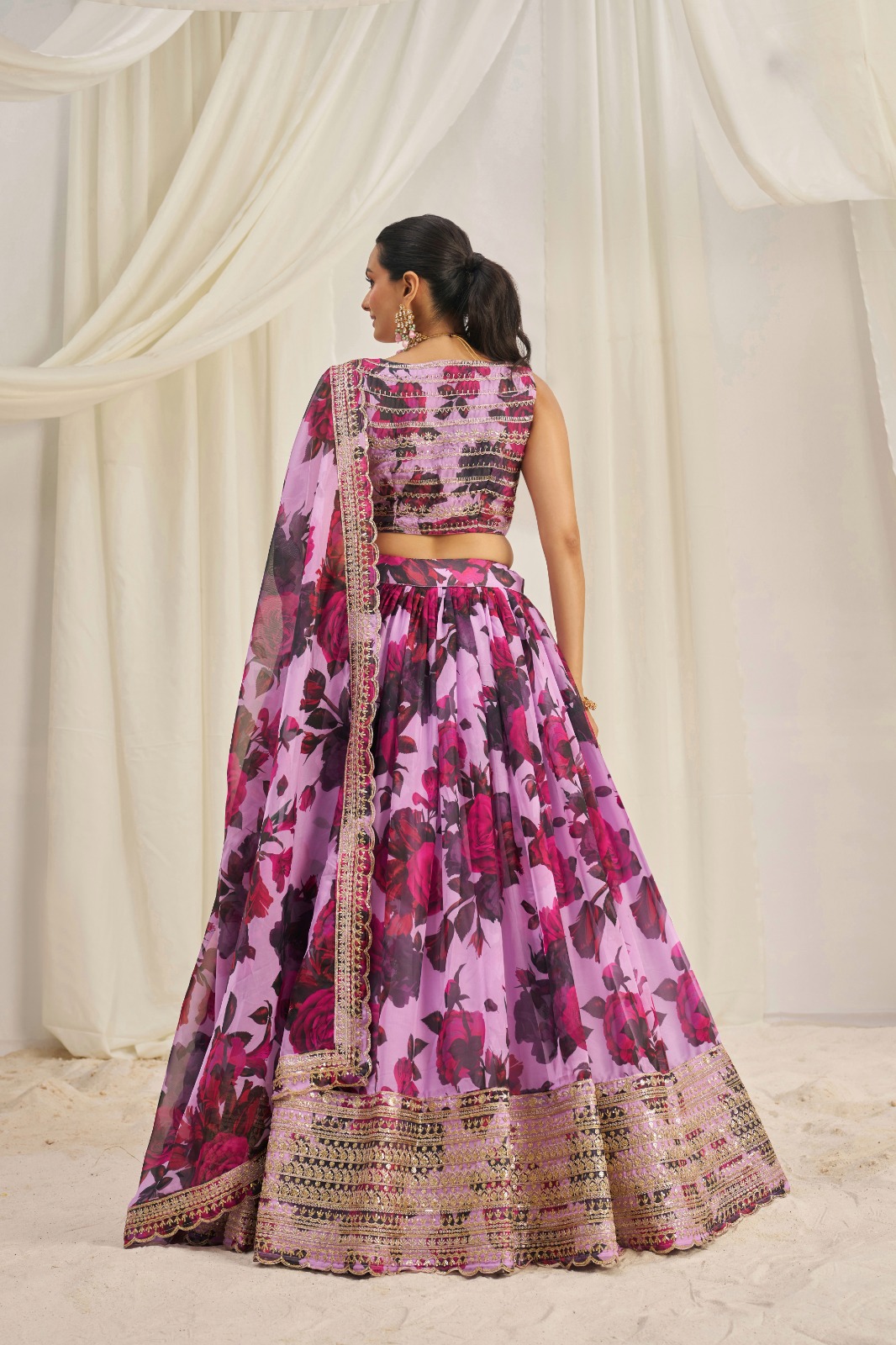 Floral Digital Printed Organza Lehenga with Zari, Dori and Sequin Embroidery