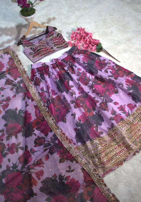 Floral Digital Printed Organza Lehenga with Zari, Dori and Sequin Embroidery
