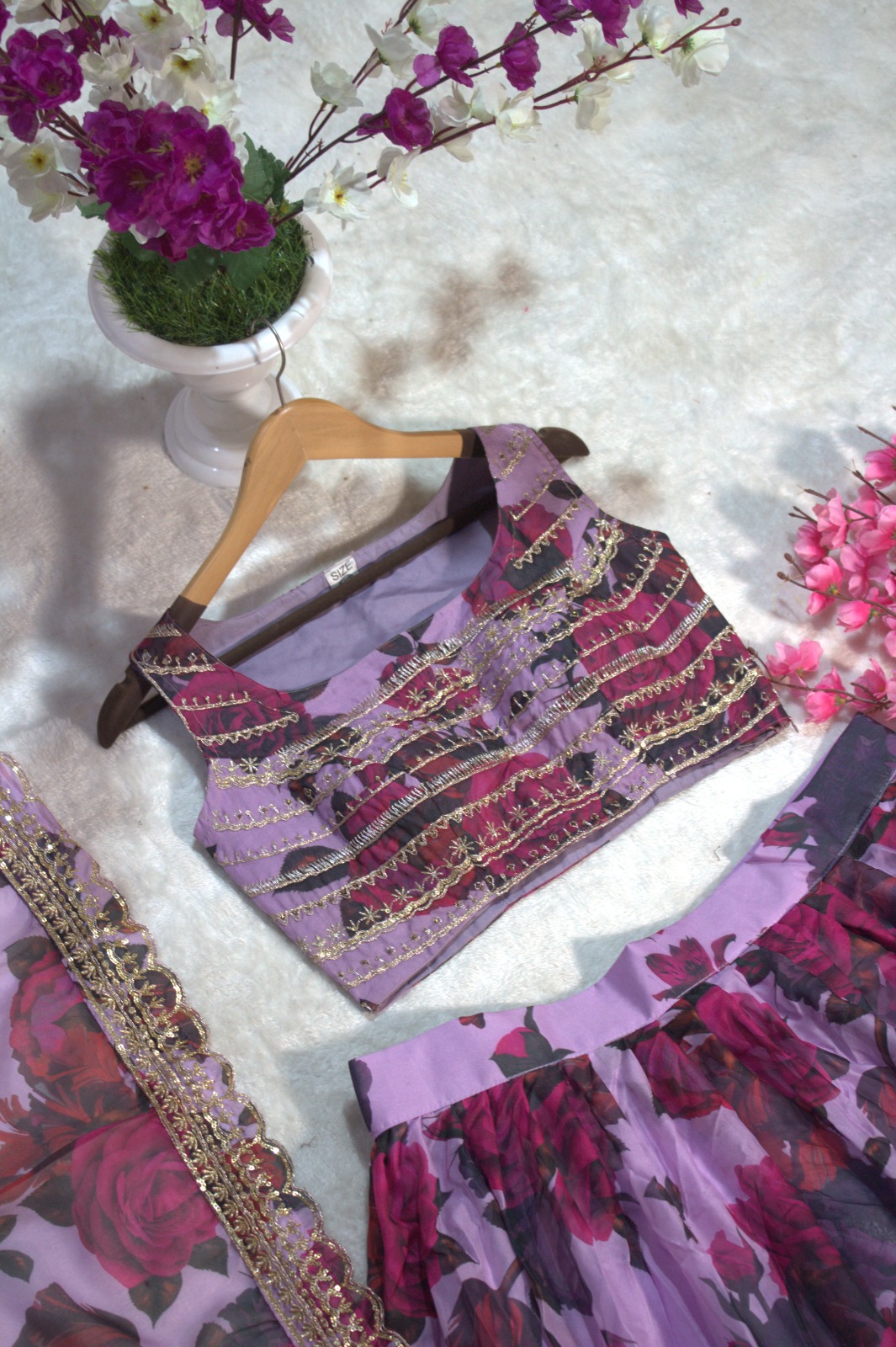 Floral Digital Printed Organza Lehenga with Zari, Dori and Sequin Embroidery