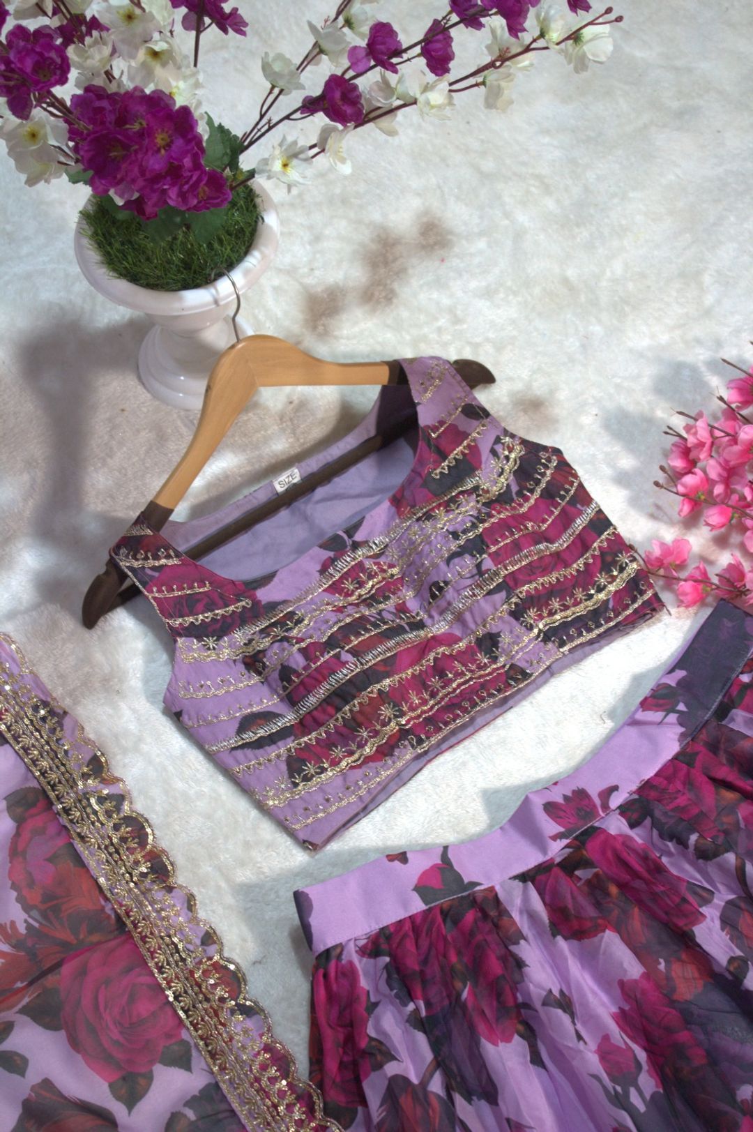 Floral Digital Printed Organza Lehenga with Zari, Dori and Sequin Embroidery