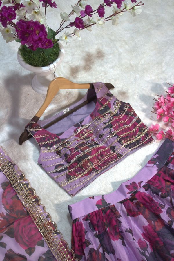 Floral Digital Printed Organza Lehenga with Zari, Dori and Sequin Embroidery